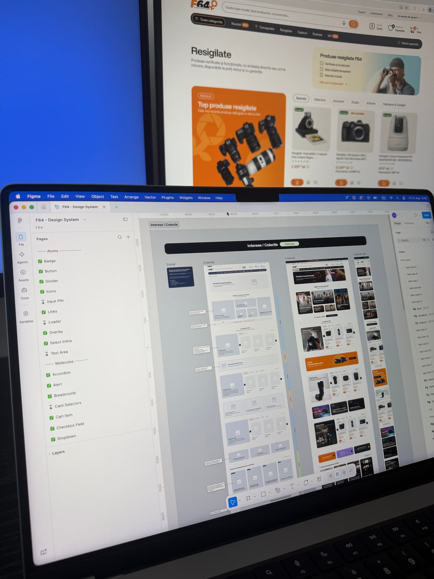The live F64 storefront and its design system shown together on two working screens